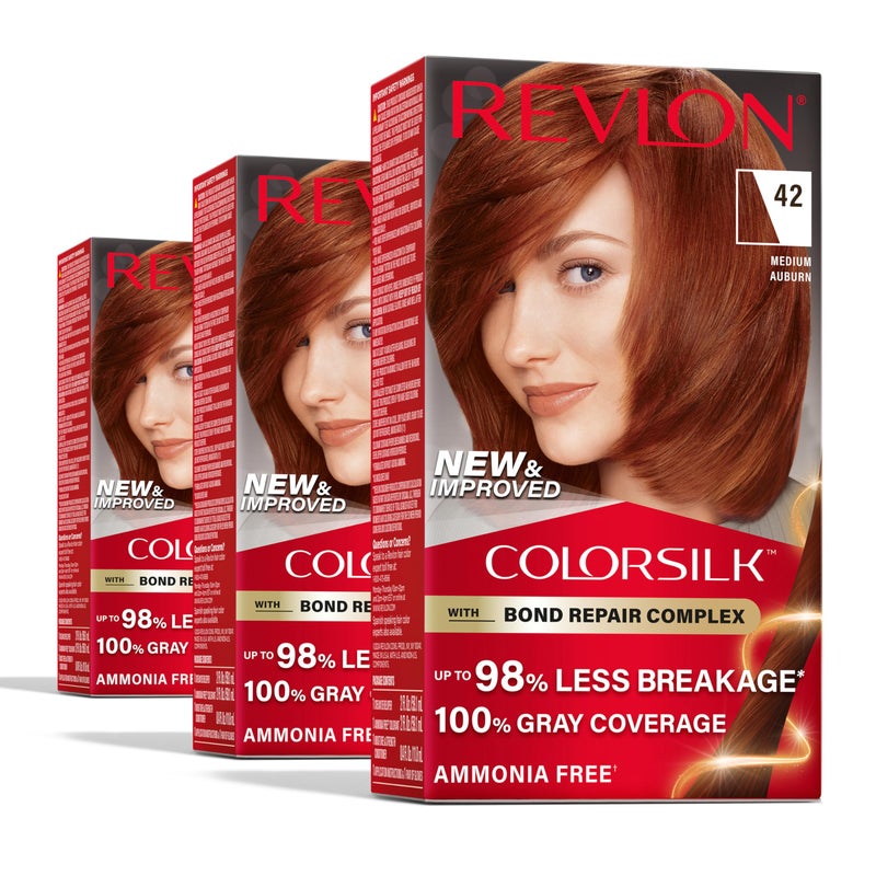 Revlon ColorSilk with Bond Repair Complex Auburn Permanent Hair Color 100 Gray Coverage Ammonia Free Hair Dye Vegan Keratin 42 Medium Auburn Pack of 3